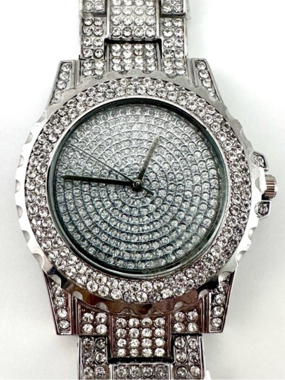 New Silver Iced Out Bling Watch Rhinestone Crystal Full Pave Metal Link Strap